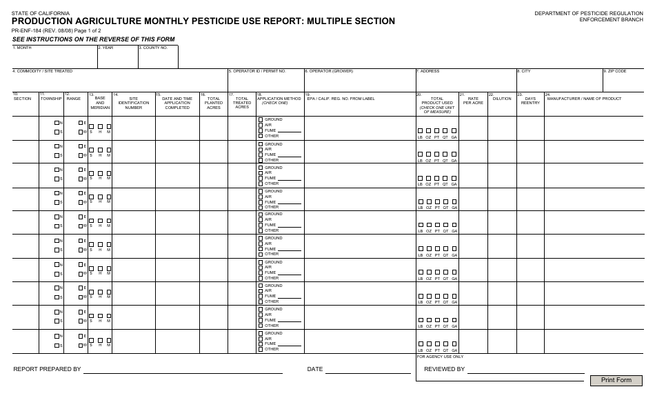 Form PR-ENF-184 Production Agriculture Monthly Pesticide Use Report: Multiple Section - California, Page 1