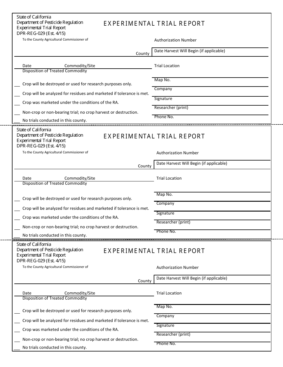 Form DPR-REG-029 Experimental Trial Report - California, Page 1