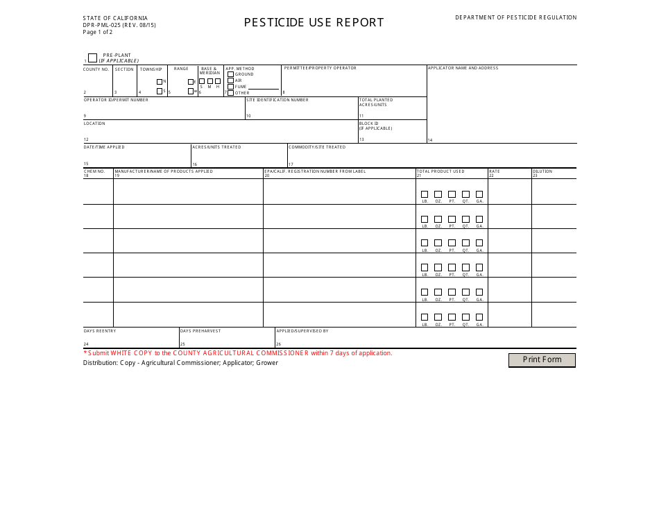 Form DPR-PML-025 Pesticide Use Report - California, Page 1