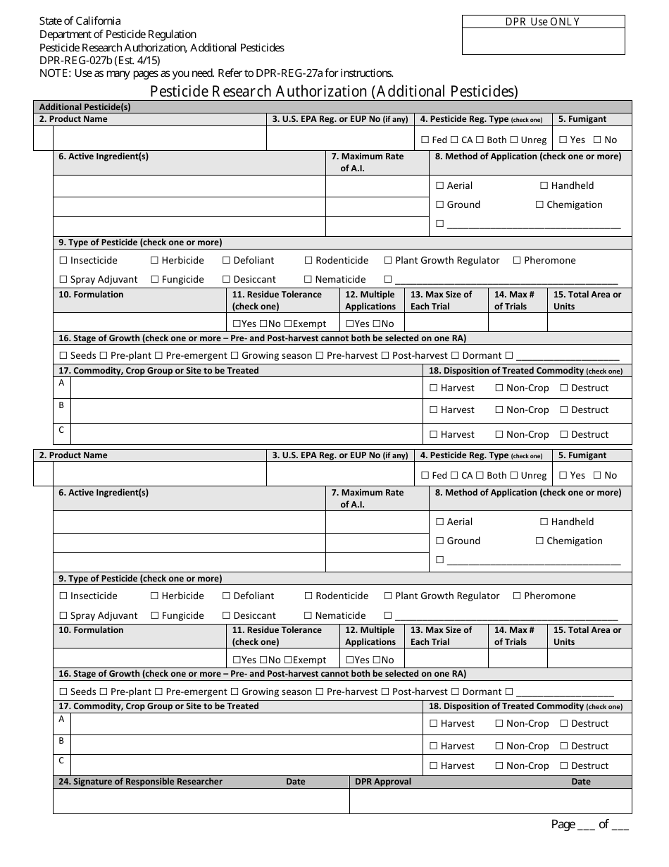 Form DPR-REG-027B Pesticide Research Authorization (Additional Pesticides) - California, Page 1