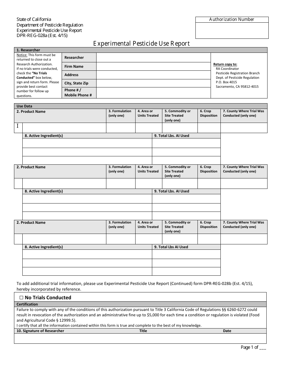 Form DPR-REG-028A Experimental Pesticide Use Report - California, Page 1