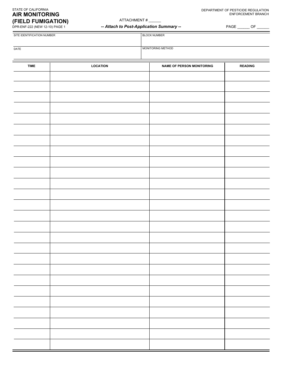 Form DPR-ENF-222 Air Monitoring (Field Fumigation) - California, Page 1