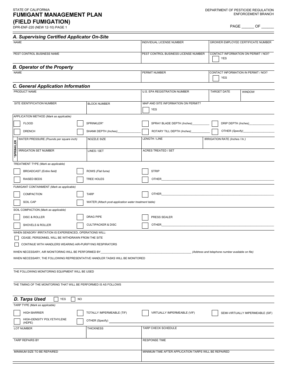 Form DPR-ENF-220 Fumigant Management Plan (Field Fumigation) - California, Page 1