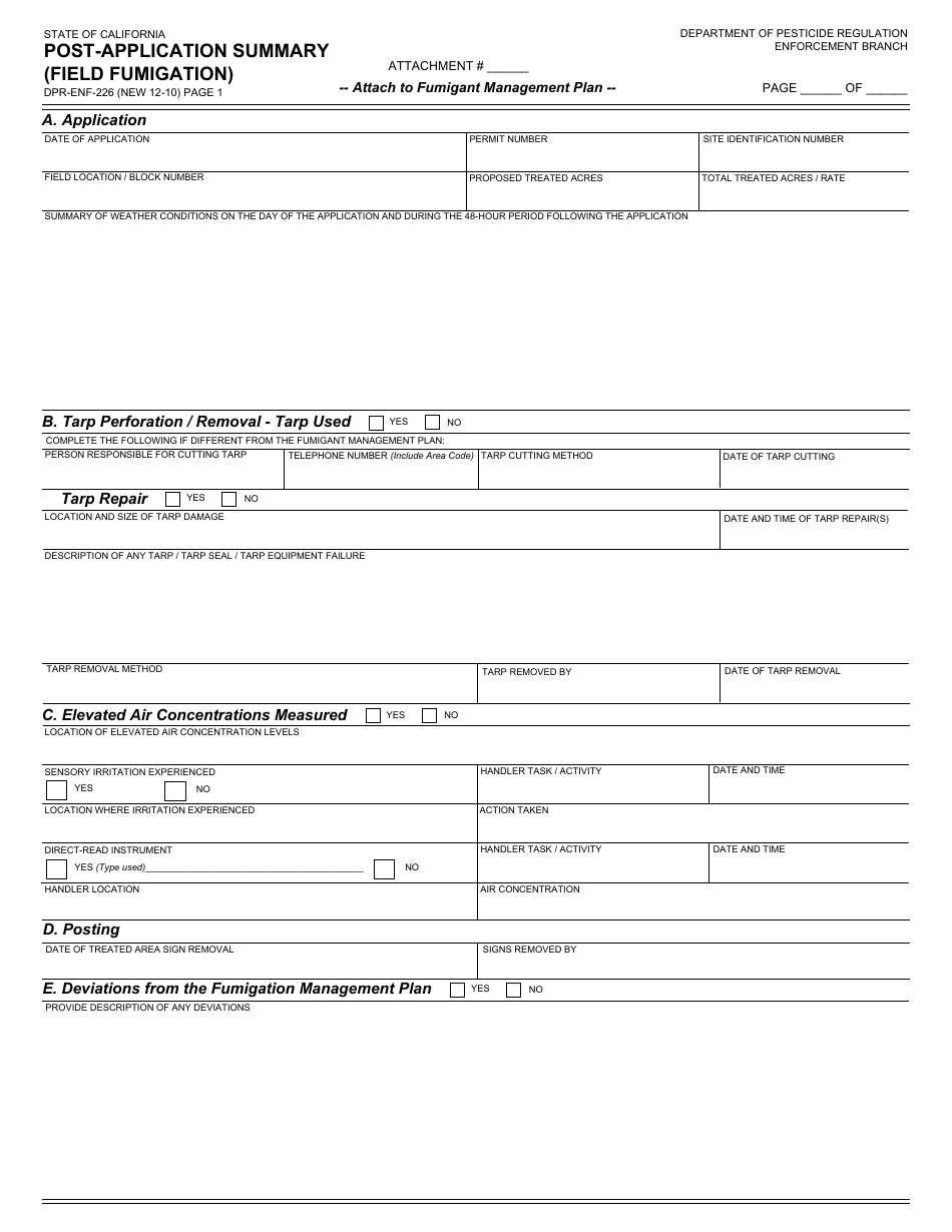 Form DPR-ENF-226 Post-application Summary (Field Fumigation) - California, Page 1
