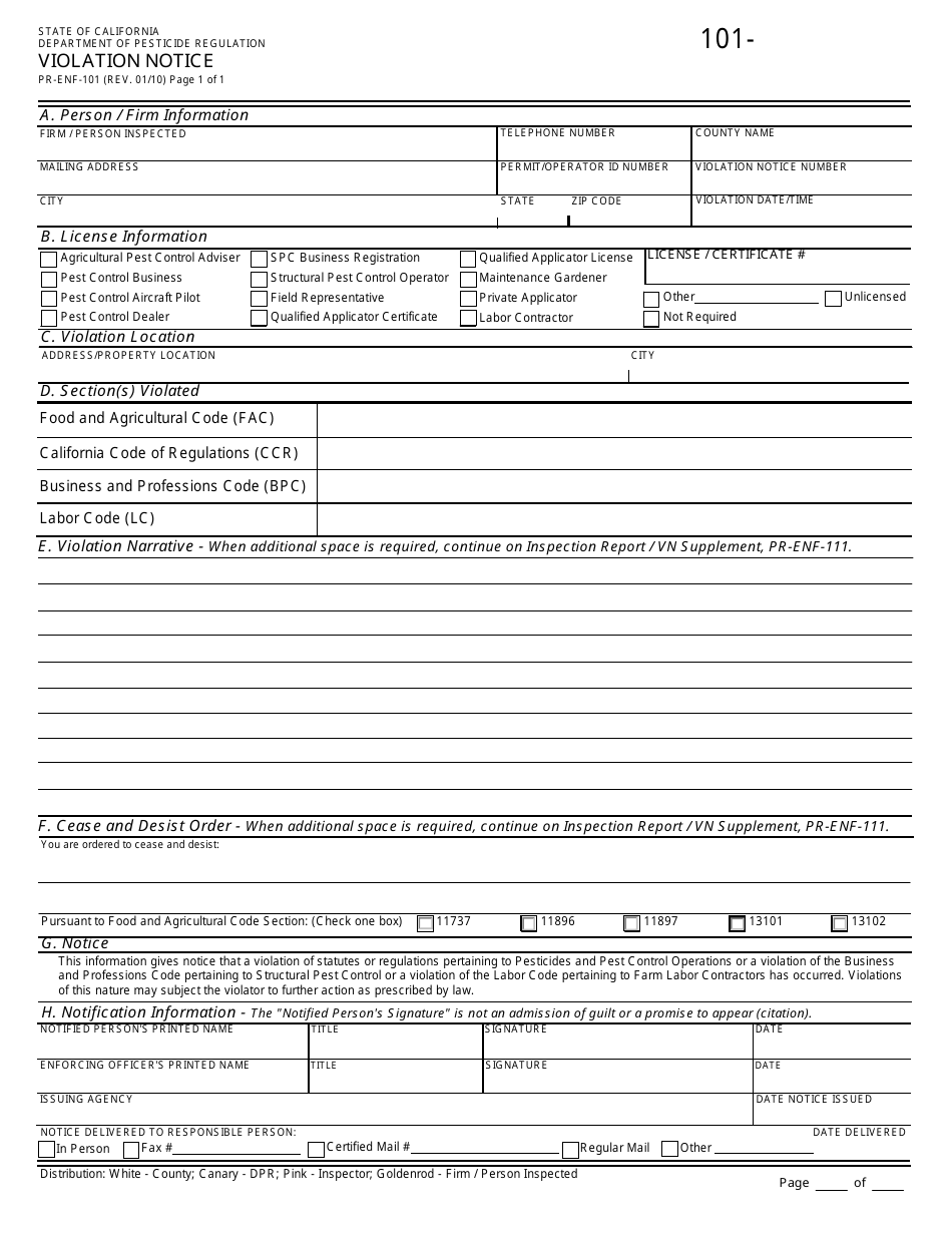Form PR-ENF-101 Violation Notice - California, Page 1