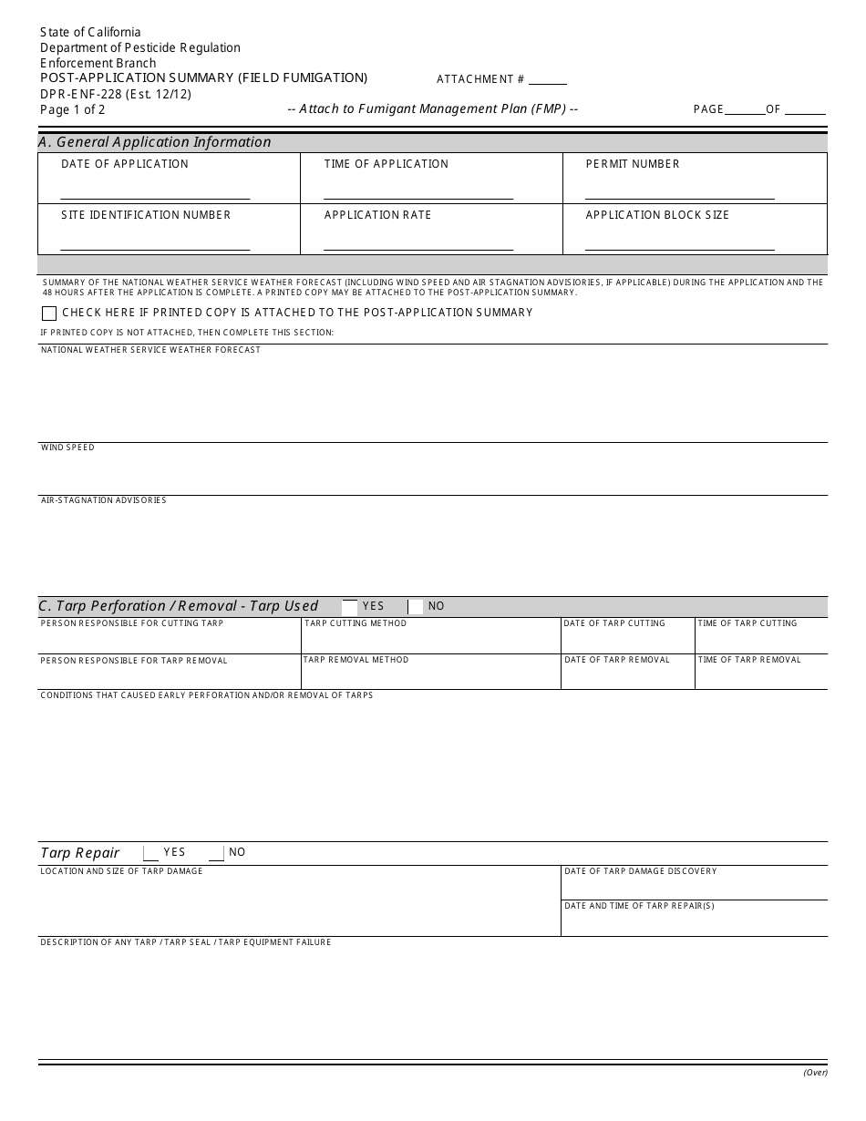 Form DPR-ENF-228 Post-application Summary (Field Fumigation) - California, Page 1