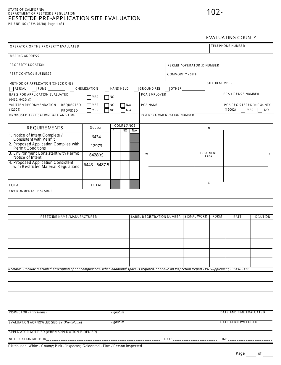 Form PR-ENF-102 Pesticide Pre-application Site Evaluation - California, Page 1