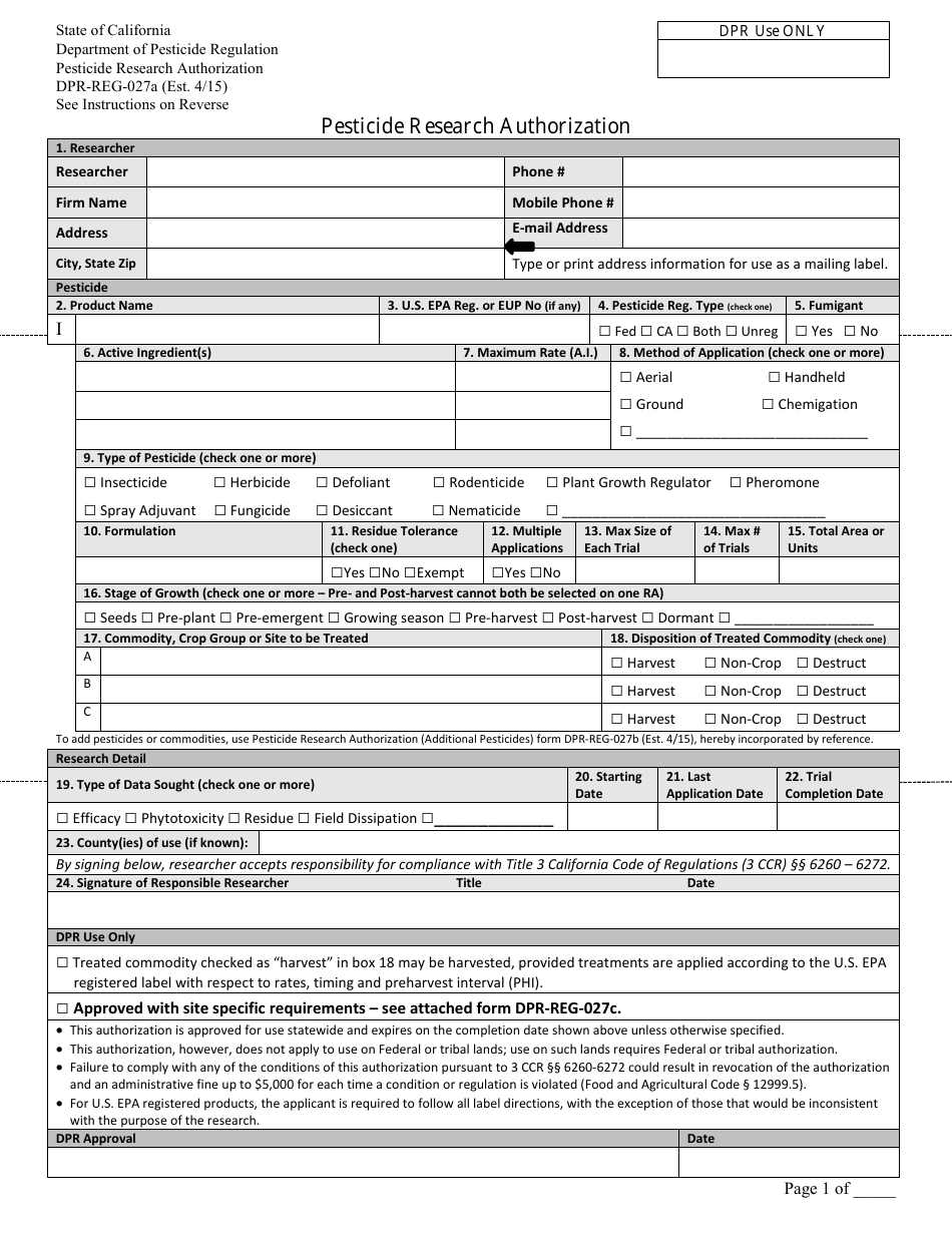 Form DPR-REG-027A Pesticide Research Authorization - California, Page 1
