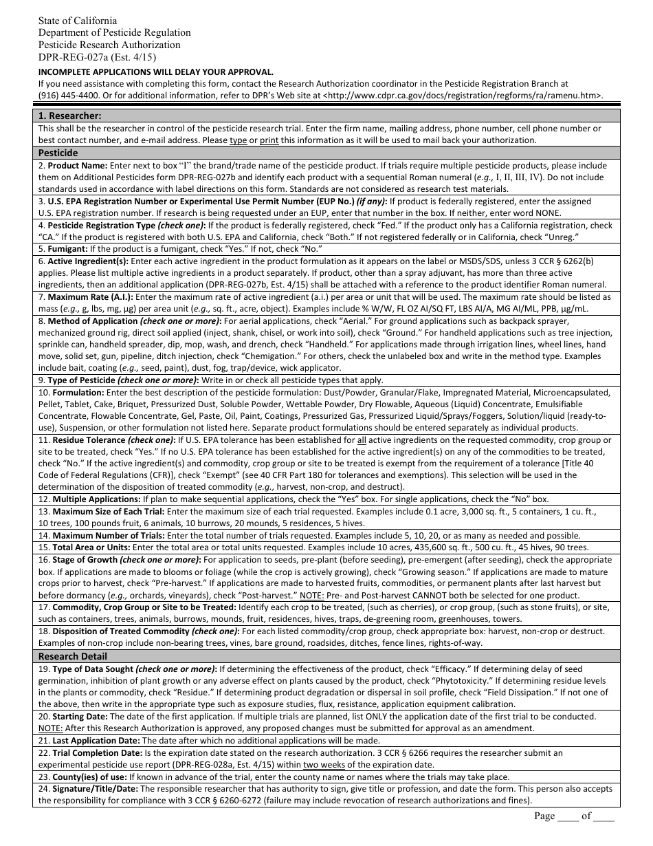 Form DPR-REG-027A Pesticide Research Authorization - California, Page 2