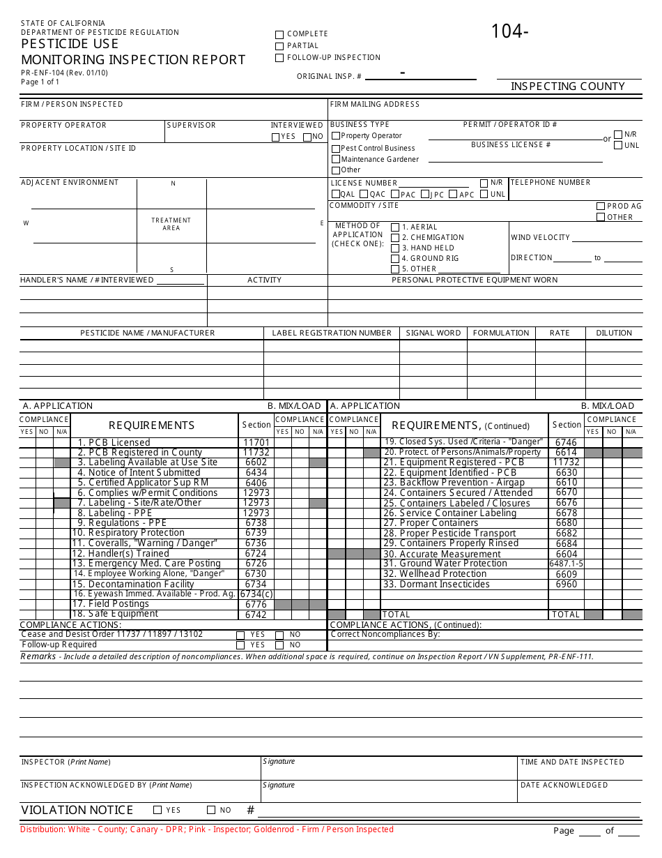 Form PR-ENF-104 Pesticide Use Monitoring Inspection Report - California, Page 1