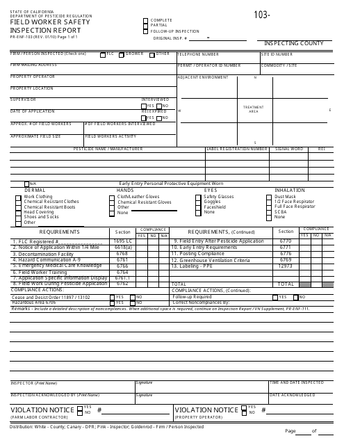 Form PR-ENF-103 Field Worker Safety Inspection Report - California