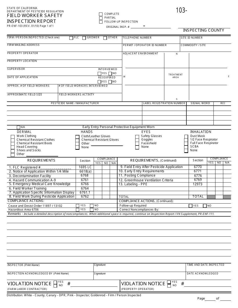 Form PR-ENF-103 Field Worker Safety Inspection Report - California, Page 1