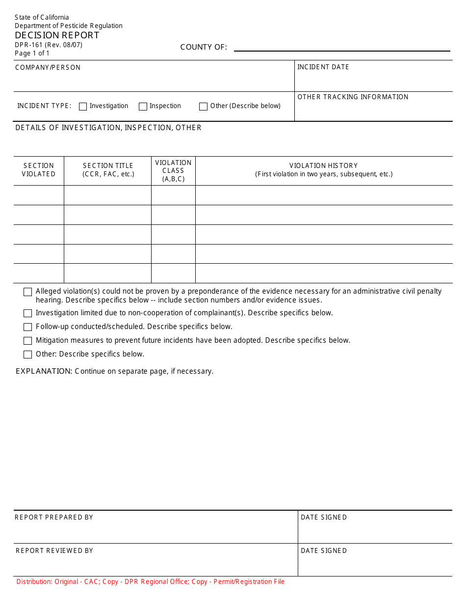 Form DPR-161 Decision Report - California, Page 1