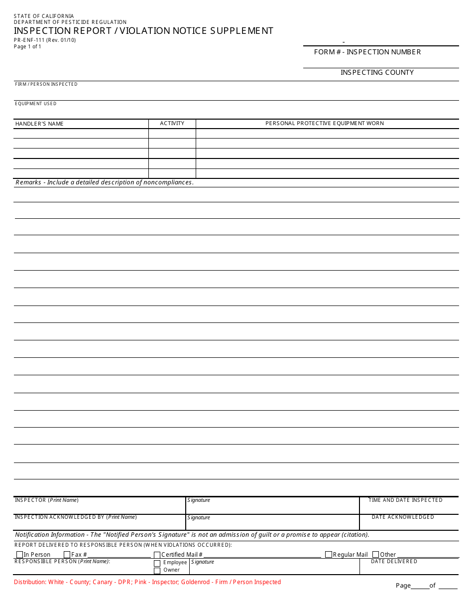 Form PR-ENF-111 Inspection Report / Violation Notice Supplement - California, Page 1