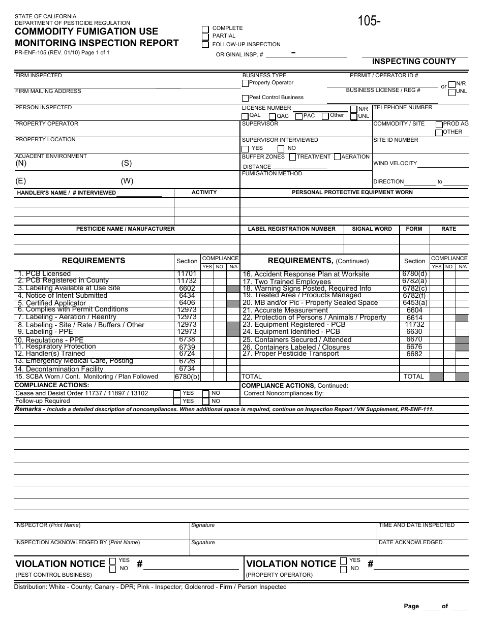 Form PR-ENF-105 Commodity Fumigation Use Monitoring Inspection Report - California, Page 1