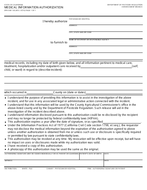 Form PR-ENF-133 Medical Information Authorization - California