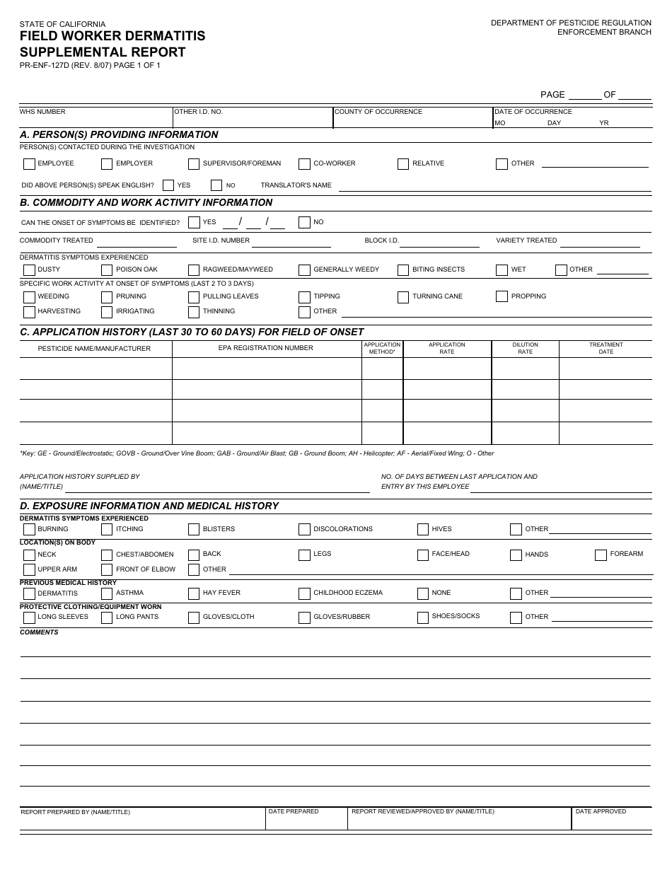 Form PR-ENF-127D Field Worker Dermatitis Supplemental Report - California, Page 1