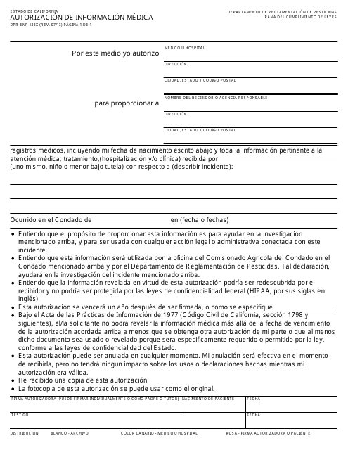 Formulario DPR-ENF-133X Autorizacion De Informacion Medica - California (Spanish)