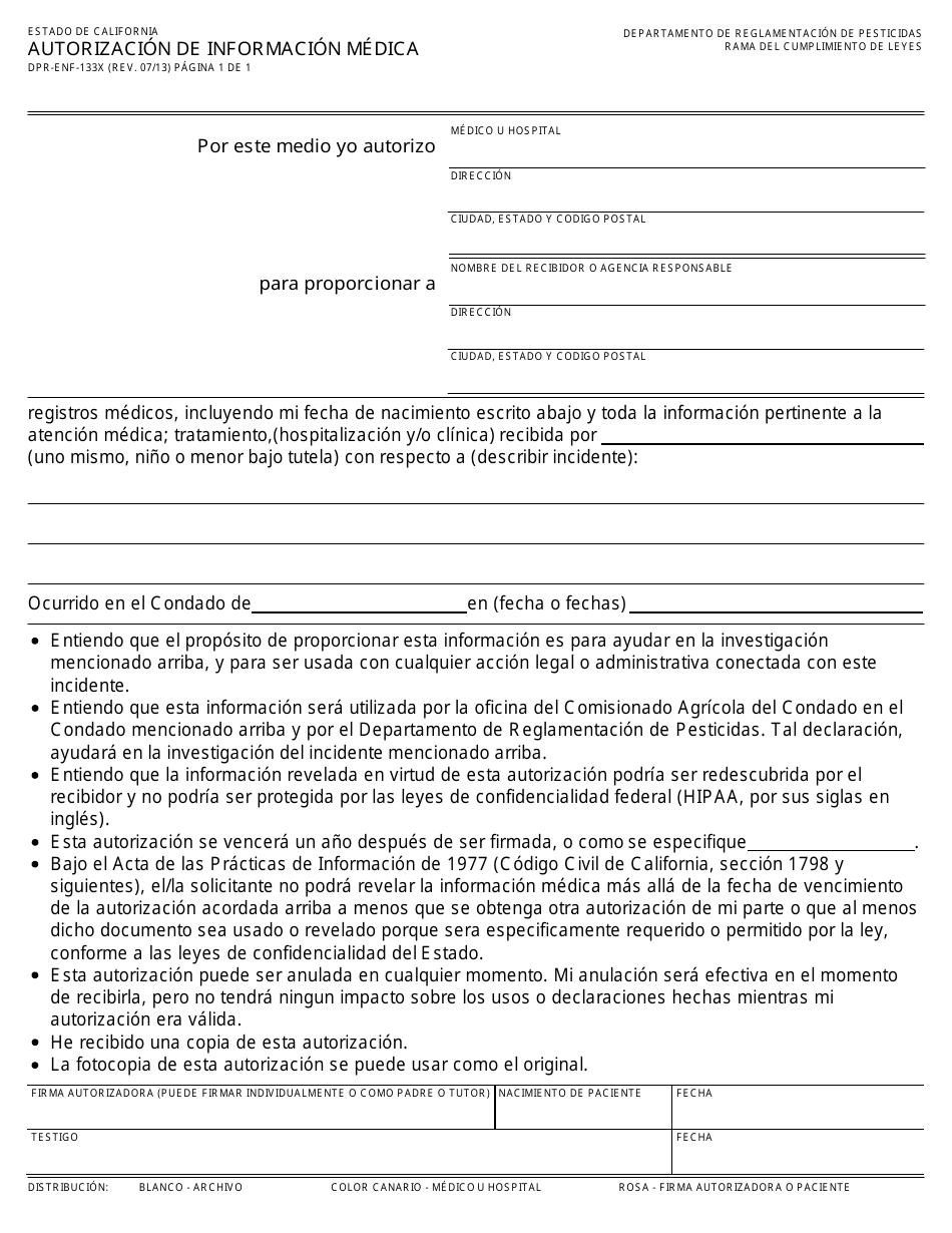 Formulario DPR-ENF-133X Autorizacion De Informacion Medica - California (Spanish), Page 1