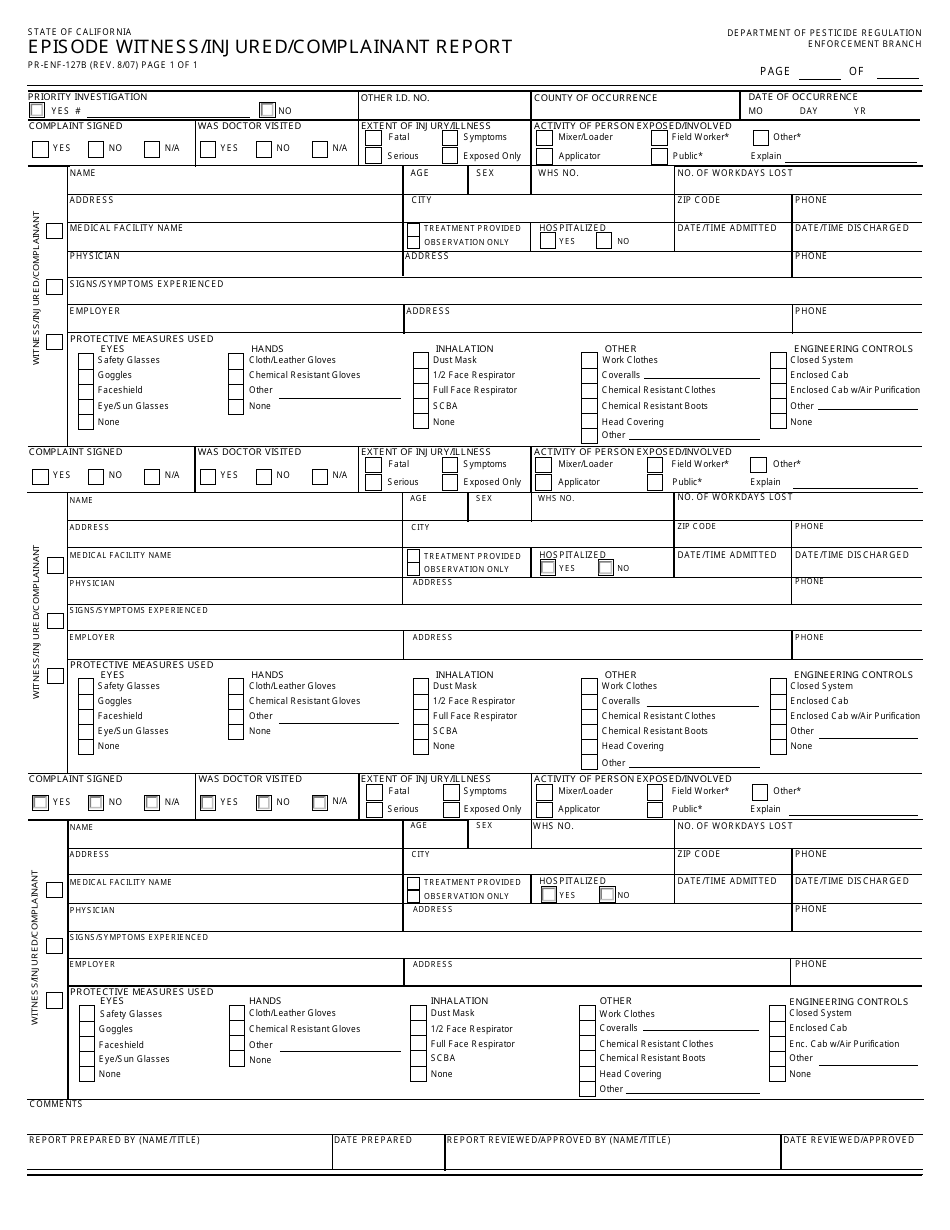 Form PR-ENF-127B Episode Witness / Injured / Complainant Report - California, Page 1