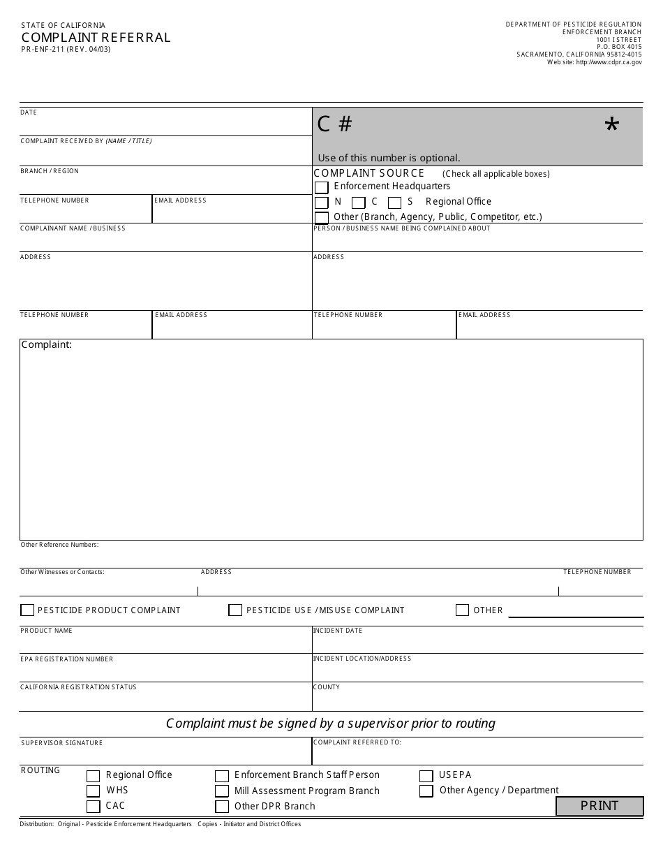 Form PR-ENF-211 Complaint Referral - California, Page 1