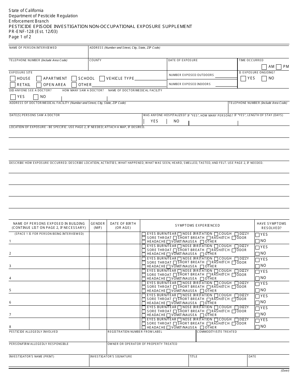Form PR-ENF-128 Pesticide Episode Investigation Non-occupational Exposure Supplement - California, Page 1