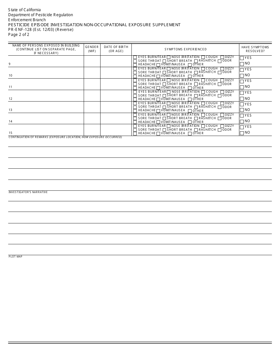 Form PR-ENF-128 Pesticide Episode Investigation Non-occupational Exposure Supplement - California, Page 2