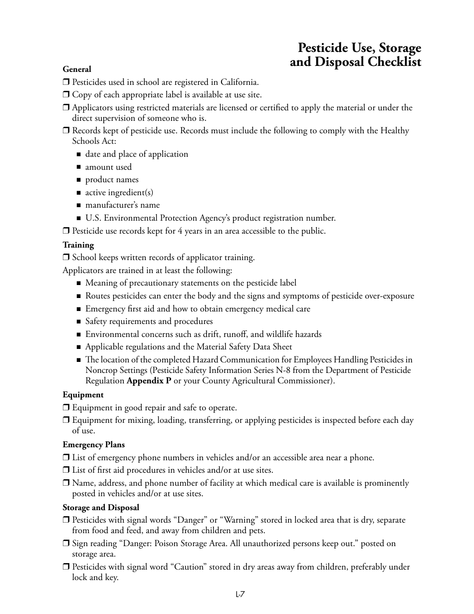 Form L-7 Pesticide Use, Storage and Disposal Checklist - California, Page 1