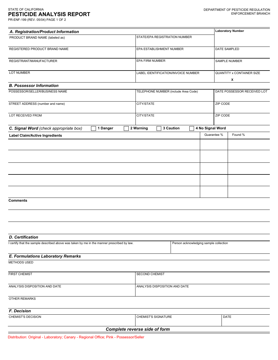 Form PR-ENF-199 Pesticide Analysis Report - California, Page 1