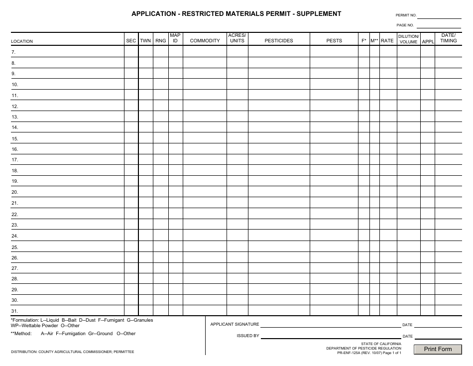 Form PR-ENF-125A Application - Restricted Materials Permit - Supplement - California, Page 1