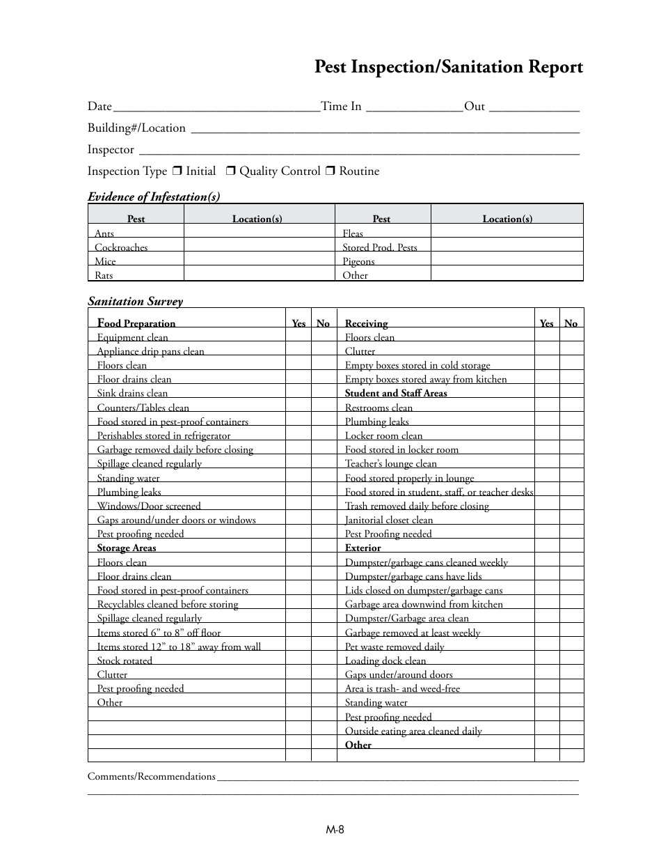 Form M-8 Pest Inspection / Sanitation Report - California, Page 1