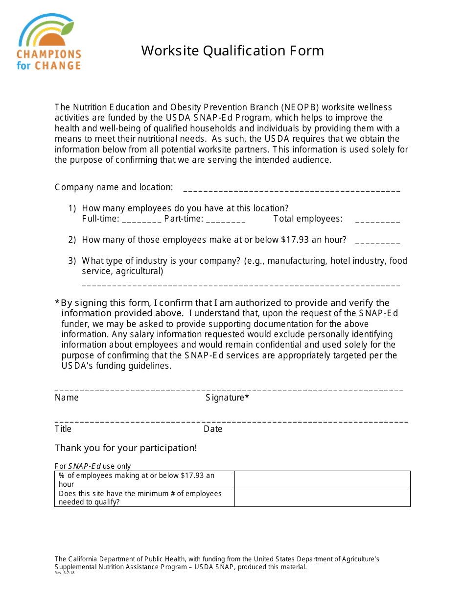 Worksite Qualification Form - California, Page 1