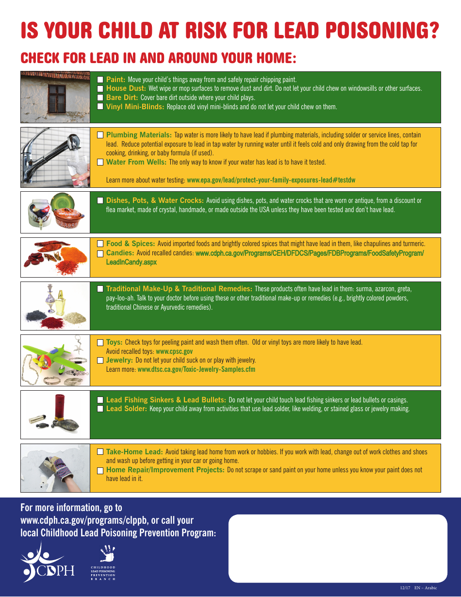 Childhood Lead Poisoning Prevention Program Checklist - California (English / Arabic), Page 1