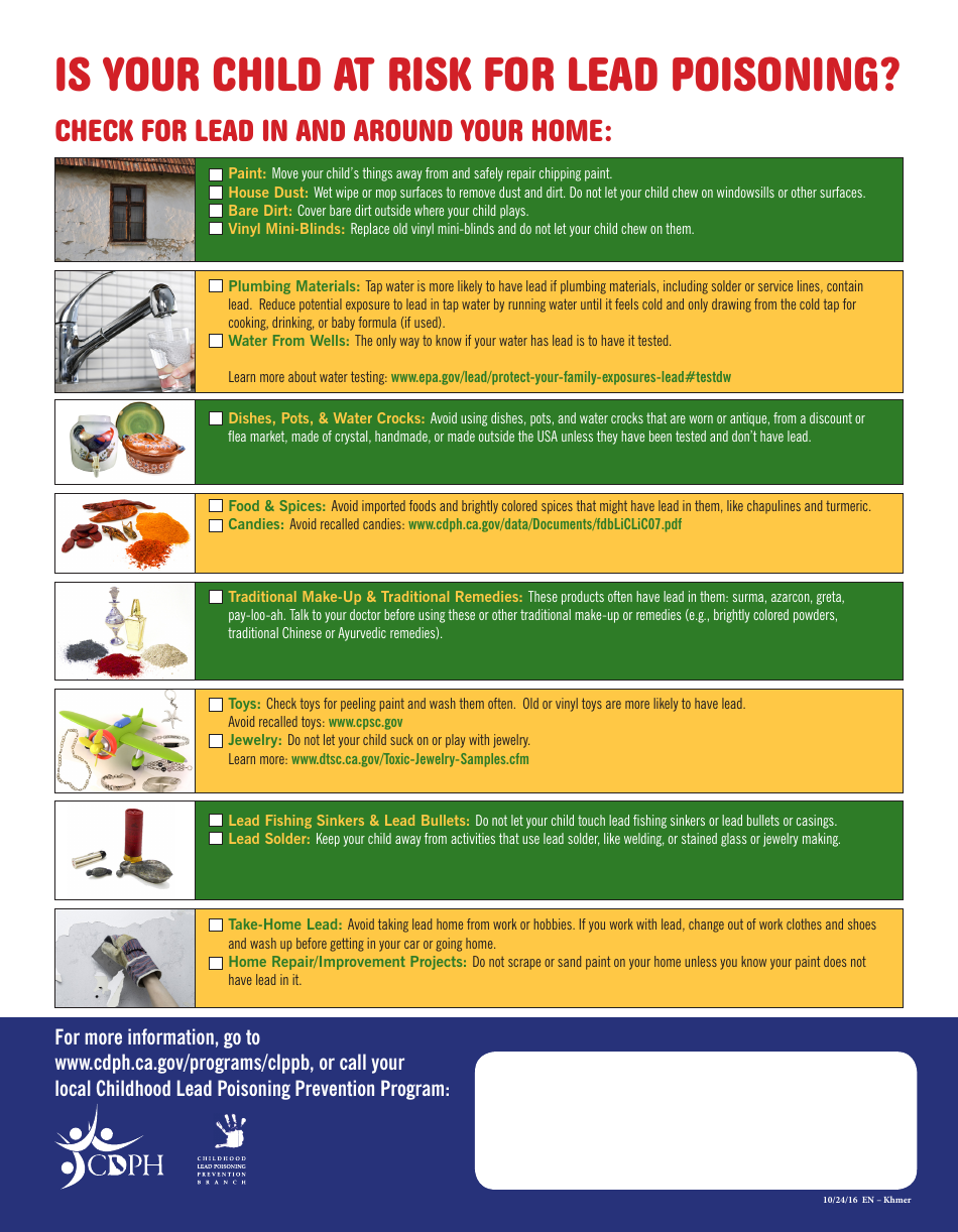 Childhood Lead Poisoning Prevention Program Checklist - California (English / Khmer), Page 1