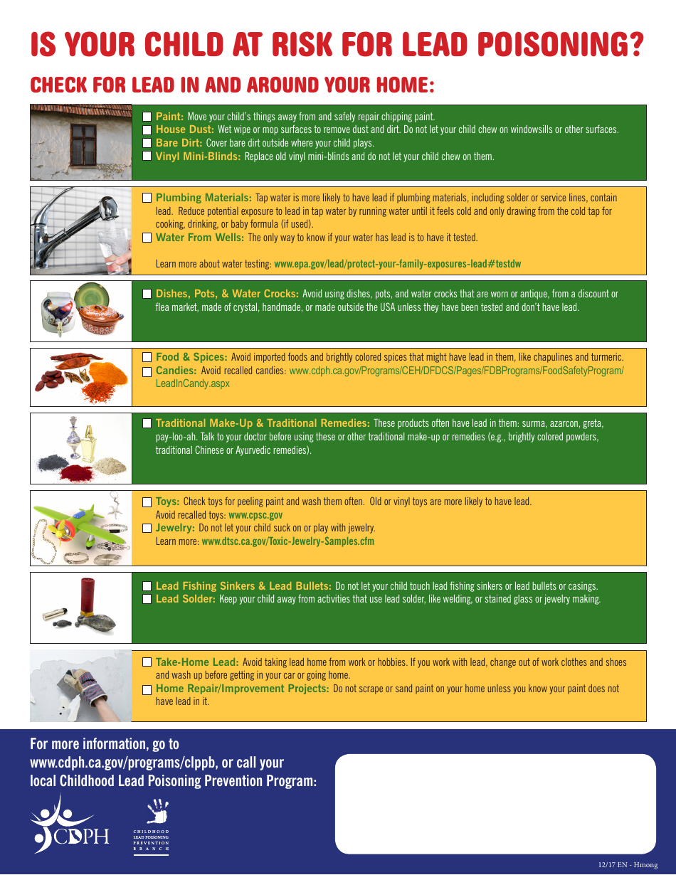 Childhood Lead Poisoning Prevention Program Checklist - California (English / Hmong), Page 1