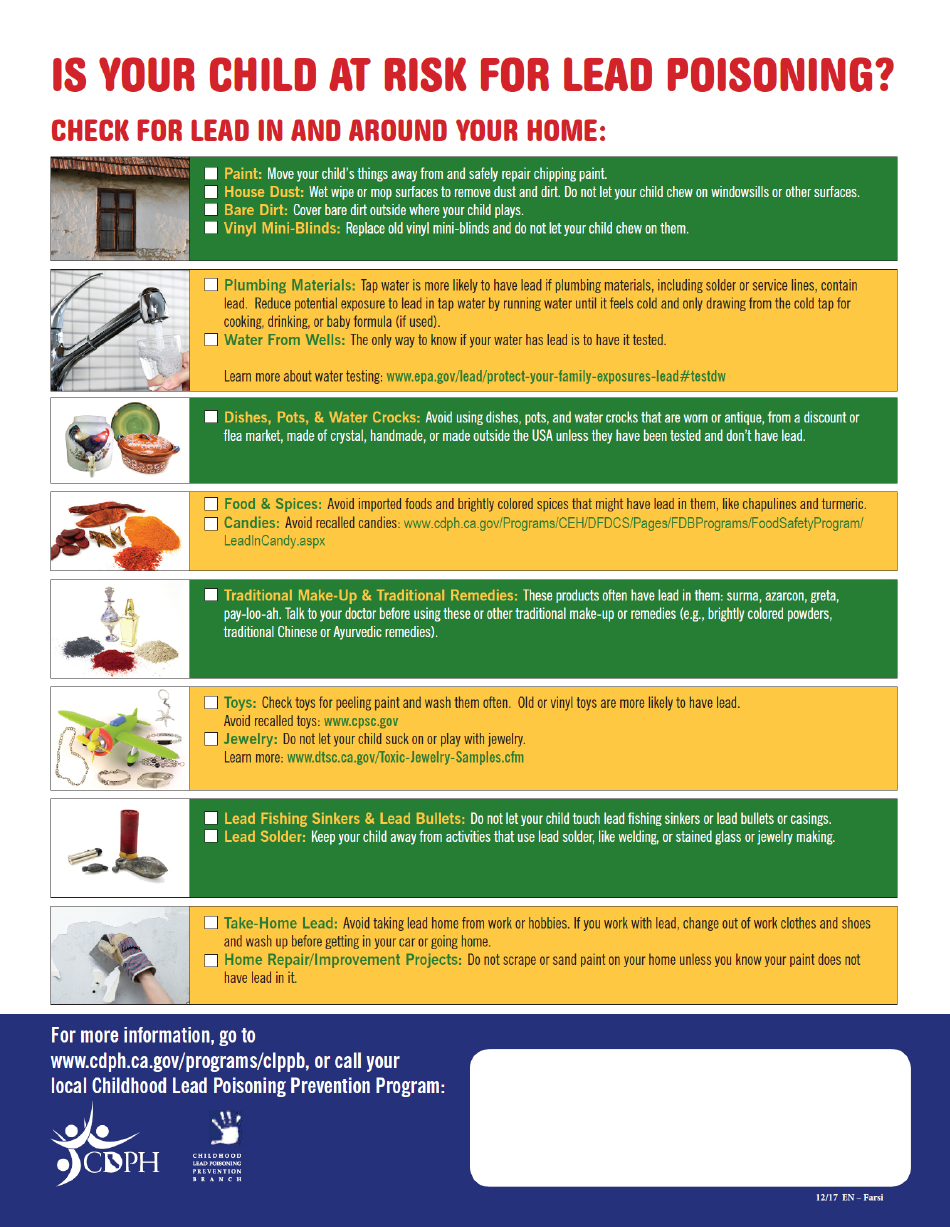 Childhood Lead Poisoning Prevention Program Checklist - California (English / Farsi), Page 1