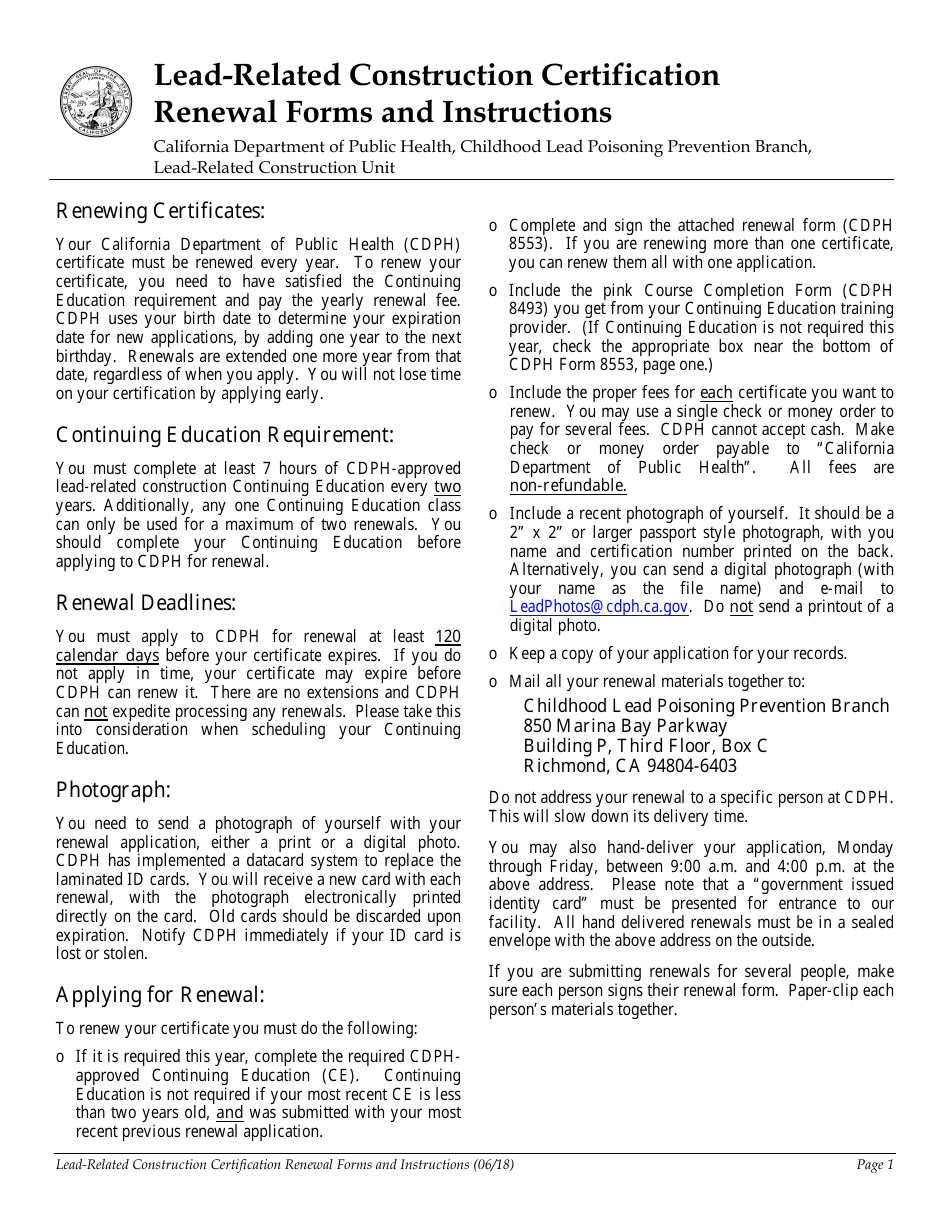 Form CDPH8553 Renewal of Lead Certification - California, Page 1