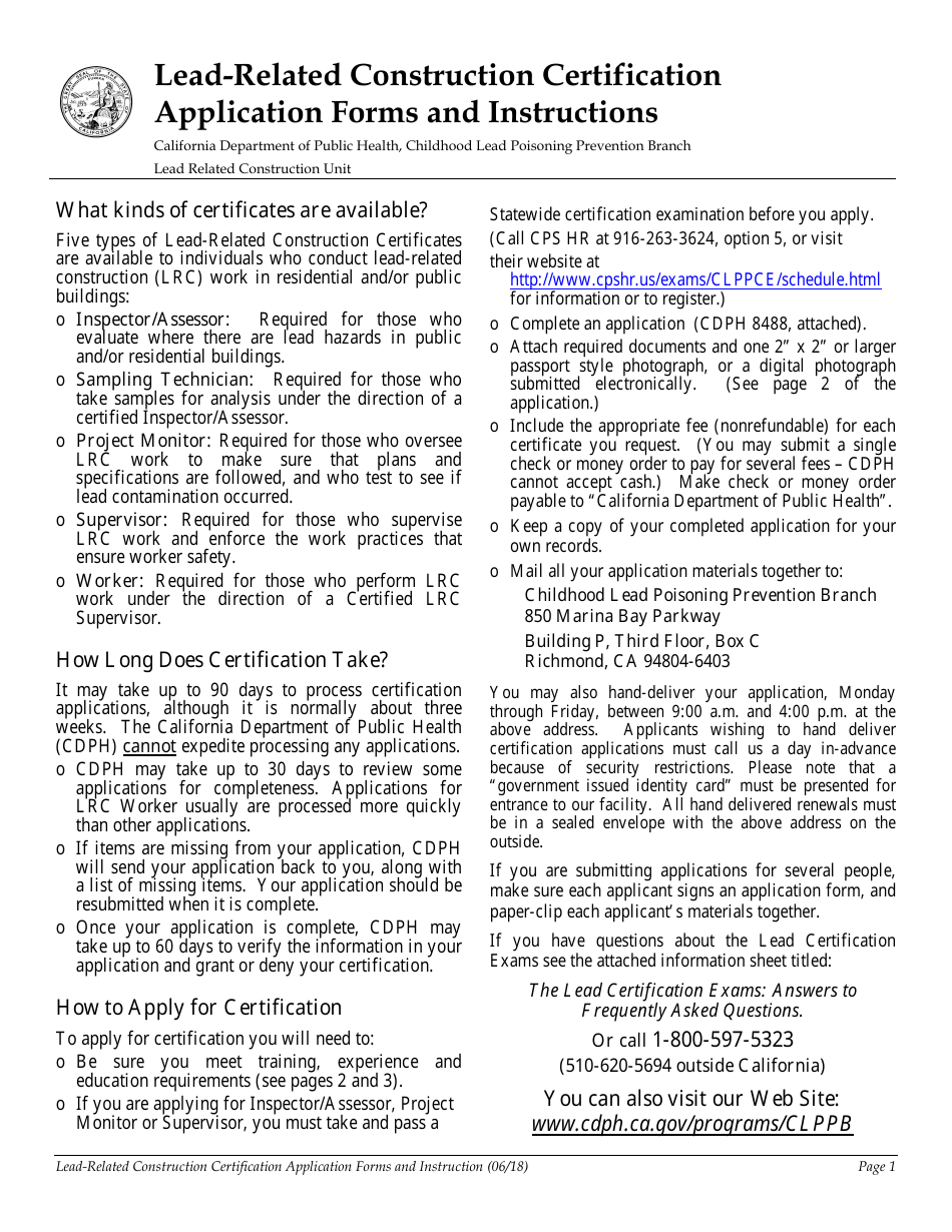 California LeadRelated Construction Certification Application Forms