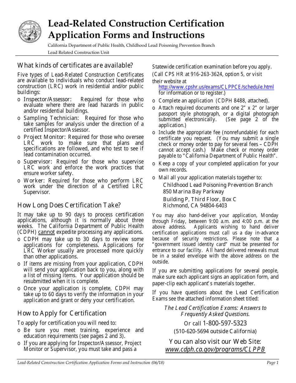 Lead-Related Construction Certification Application Forms - California, Page 1