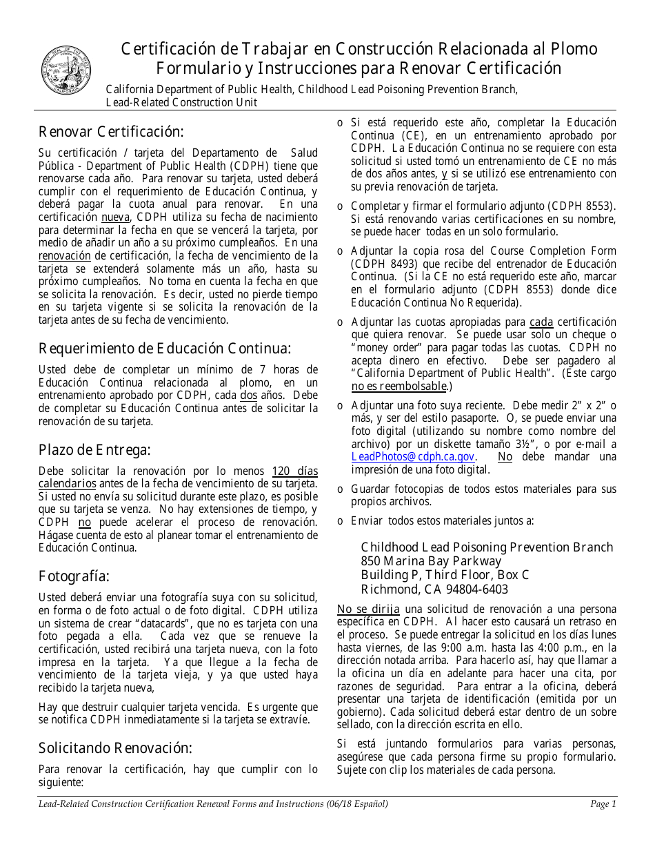 Formulario CDPH8553 Certificacion De Trabajar En Construccion Relacionada Al Plomo Formulario Y Instrucciones Para Renovar Certificacion - California (Spanish), Page 1