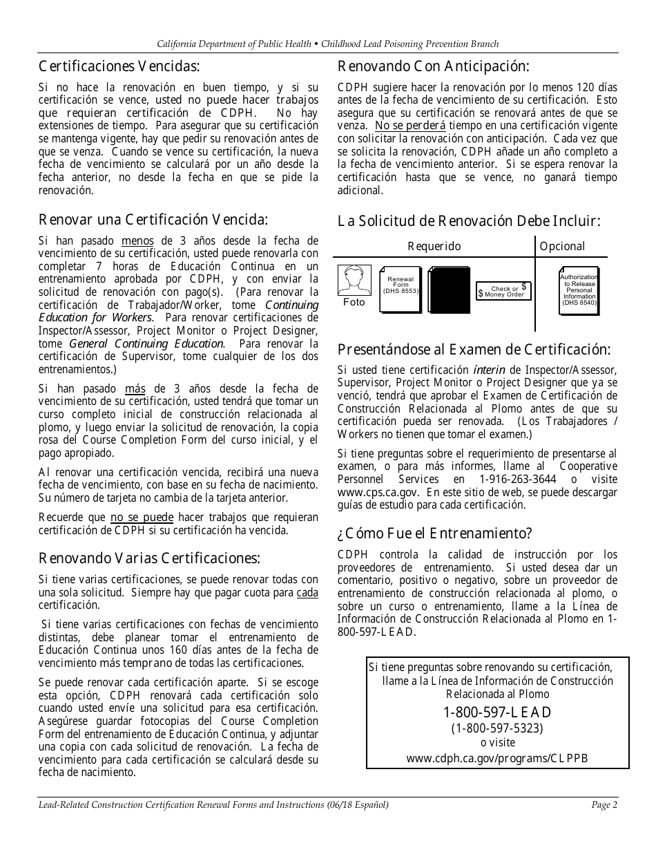 Formulario CDPH8553 Certificacion De Trabajar En Construccion Relacionada Al Plomo Formulario Y Instrucciones Para Renovar Certificacion - California (Spanish), Page 2