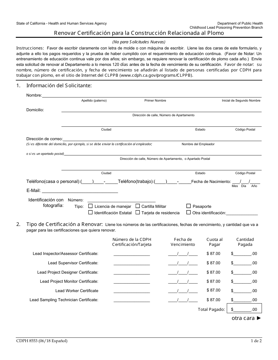 Formulario CDPH8553 Certificacion De Trabajar En Construccion Relacionada Al Plomo Formulario Y Instrucciones Para Renovar Certificacion - California (Spanish), Page 3