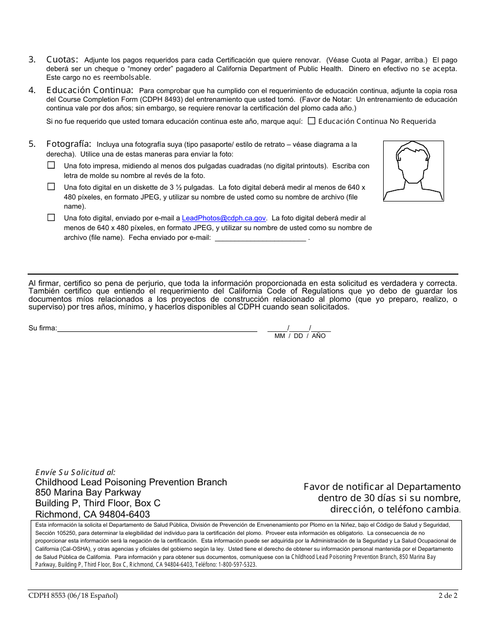 Formulario CDPH8553 Certificacion De Trabajar En Construccion Relacionada Al Plomo Formulario Y Instrucciones Para Renovar Certificacion - California (Spanish), Page 4