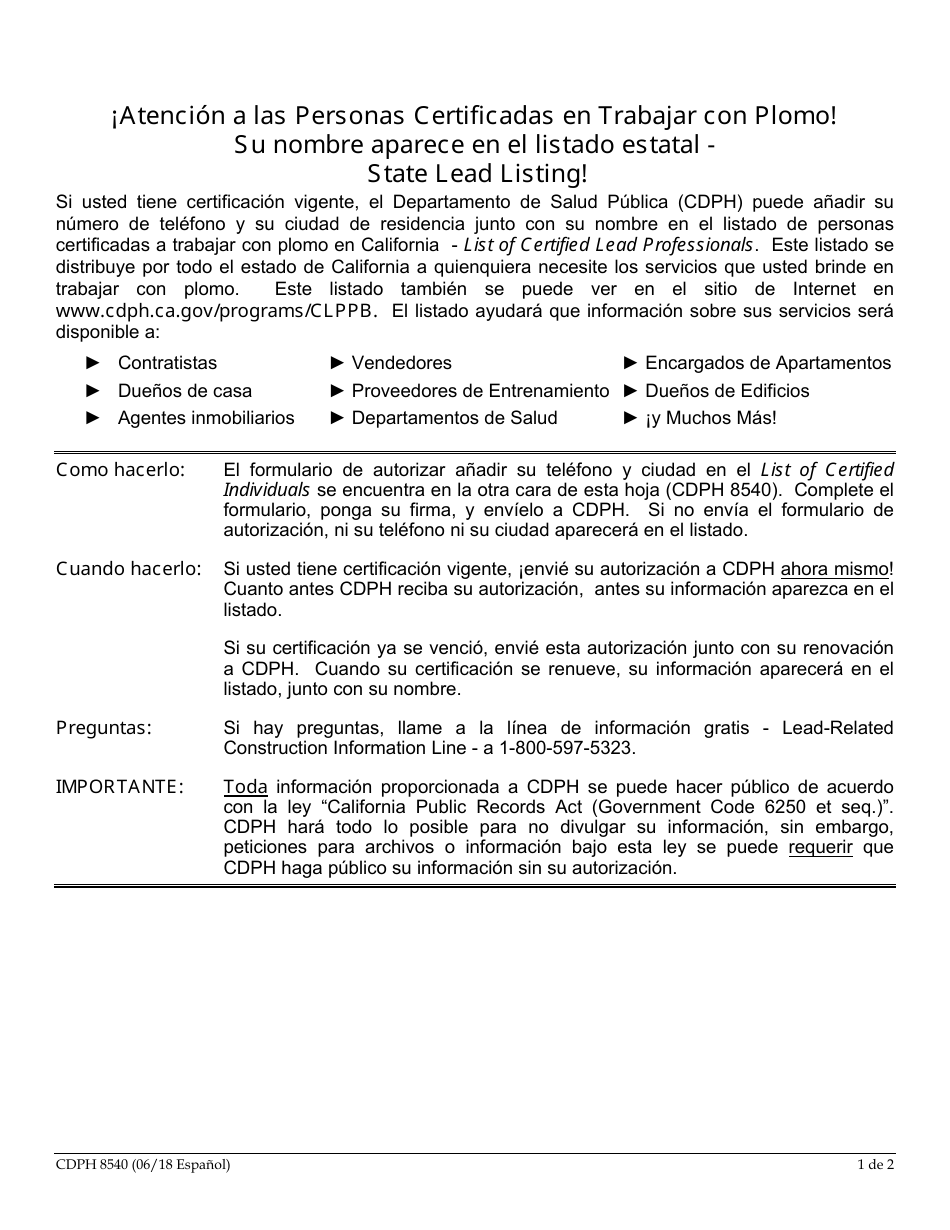 Formulario CDPH8553 Certificacion De Trabajar En Construccion Relacionada Al Plomo Formulario Y Instrucciones Para Renovar Certificacion - California (Spanish), Page 5