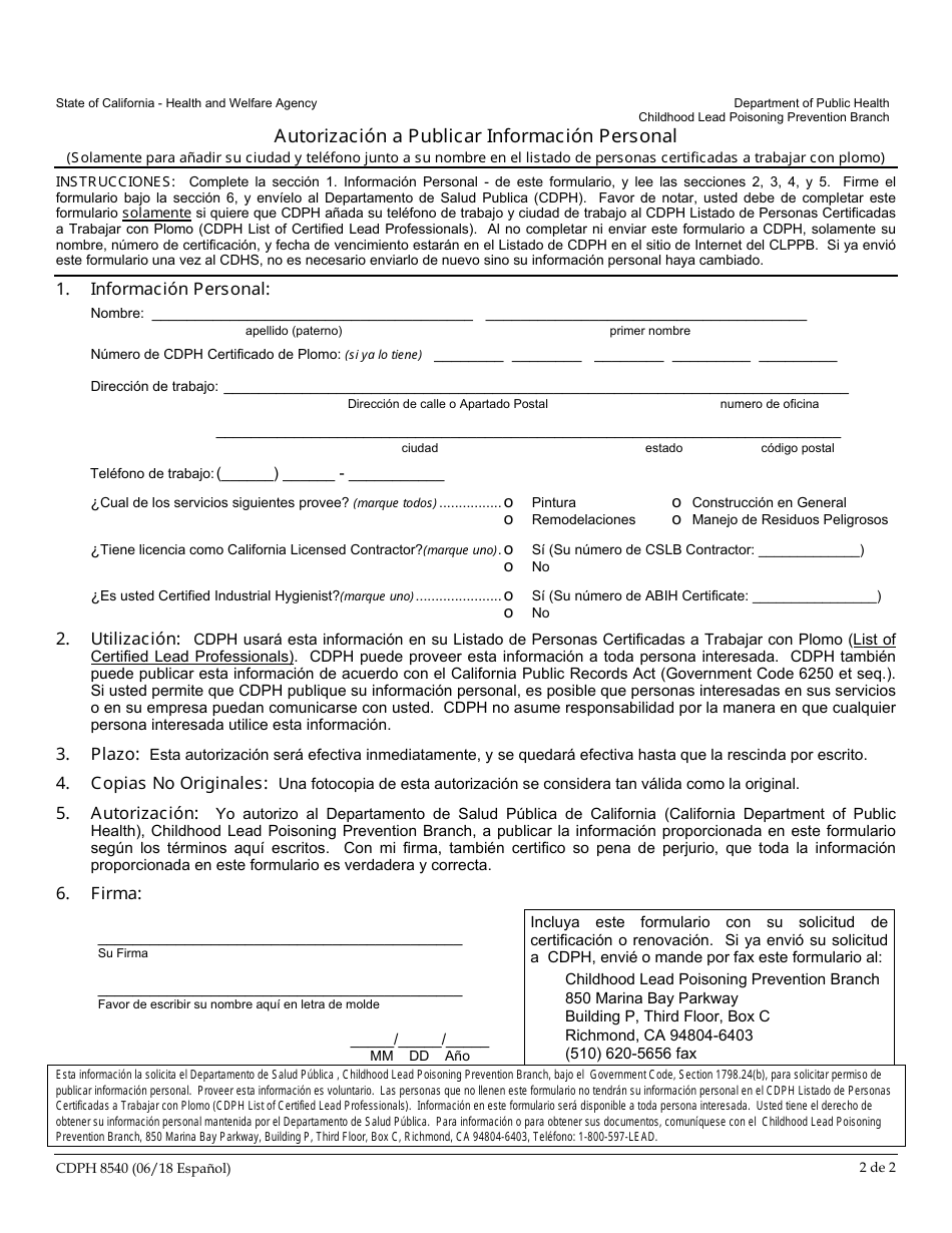 Formulario CDPH8553 Certificacion De Trabajar En Construccion Relacionada Al Plomo Formulario Y Instrucciones Para Renovar Certificacion - California (Spanish), Page 6