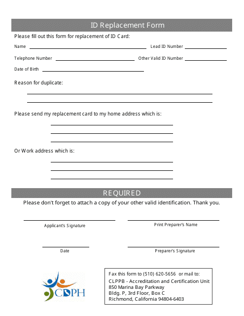 Id Replacement Form - California Download Pdf