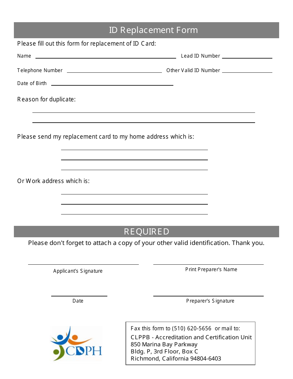 Id Replacement Form - California, Page 1