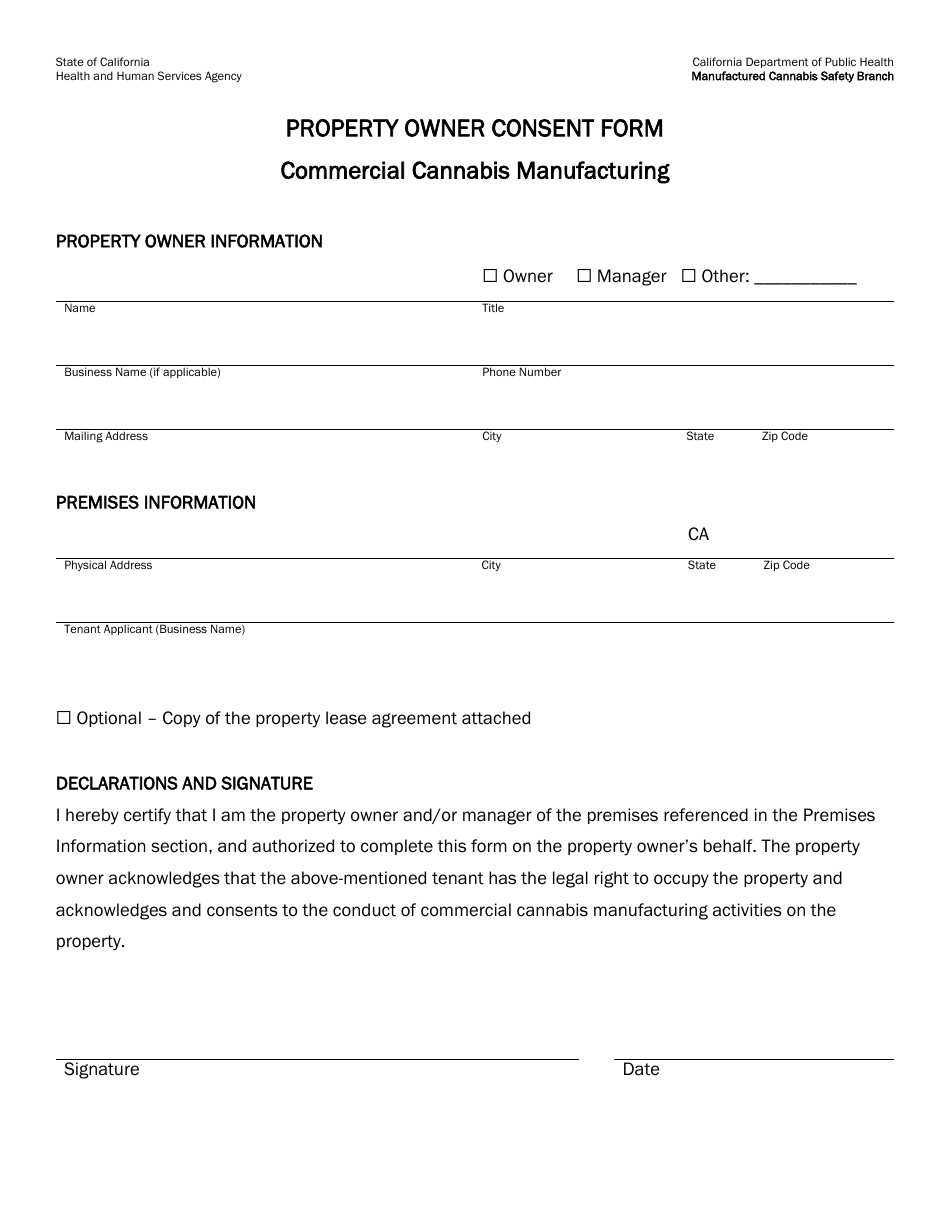 Property Owner Consent Form - Commercial Cannabis Manufacturing - California, Page 1