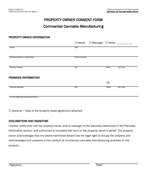 Property Owner Consent Form - Commercial Cannabis Manufacturing - California Download Pdf
