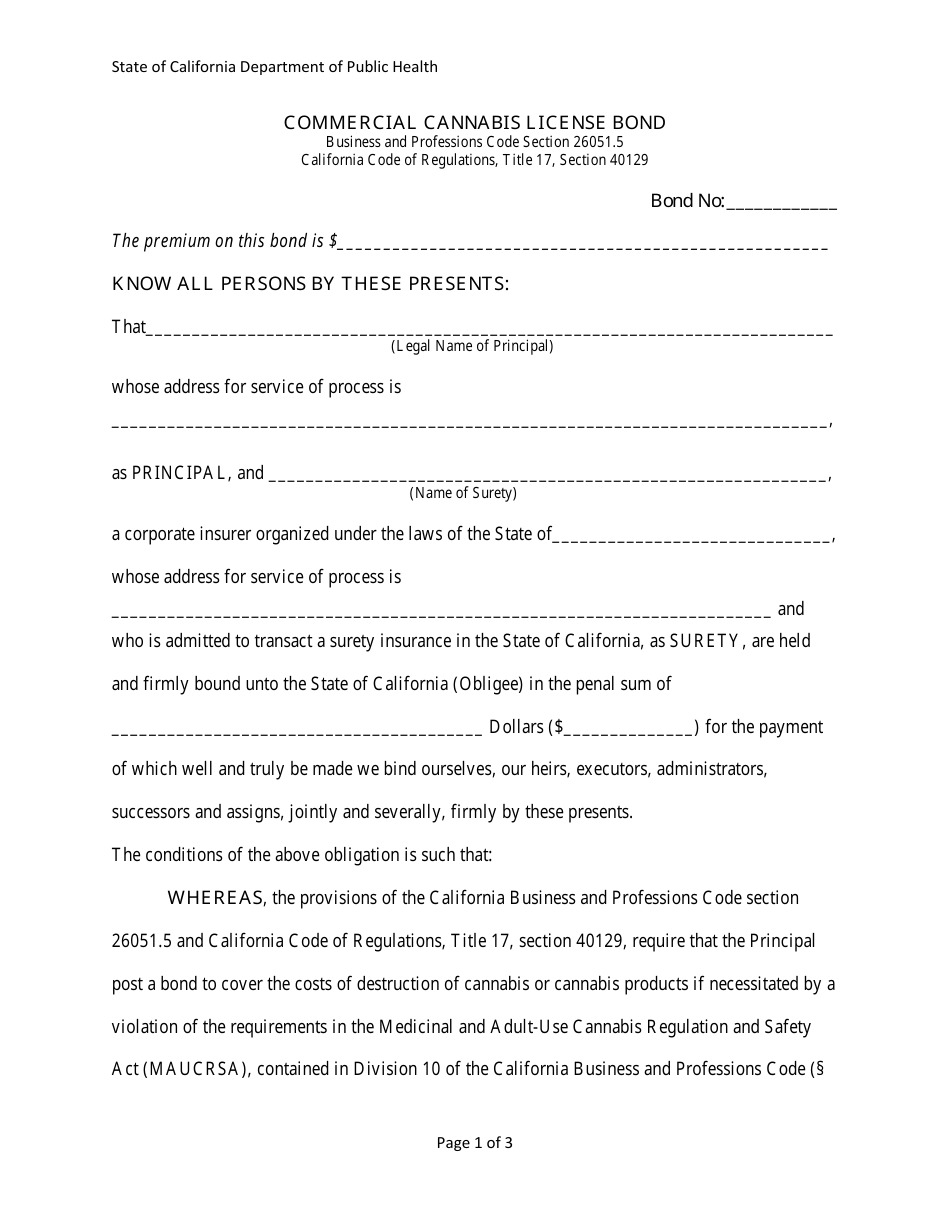 Commercial Cannabis License Bond Form - California, Page 1